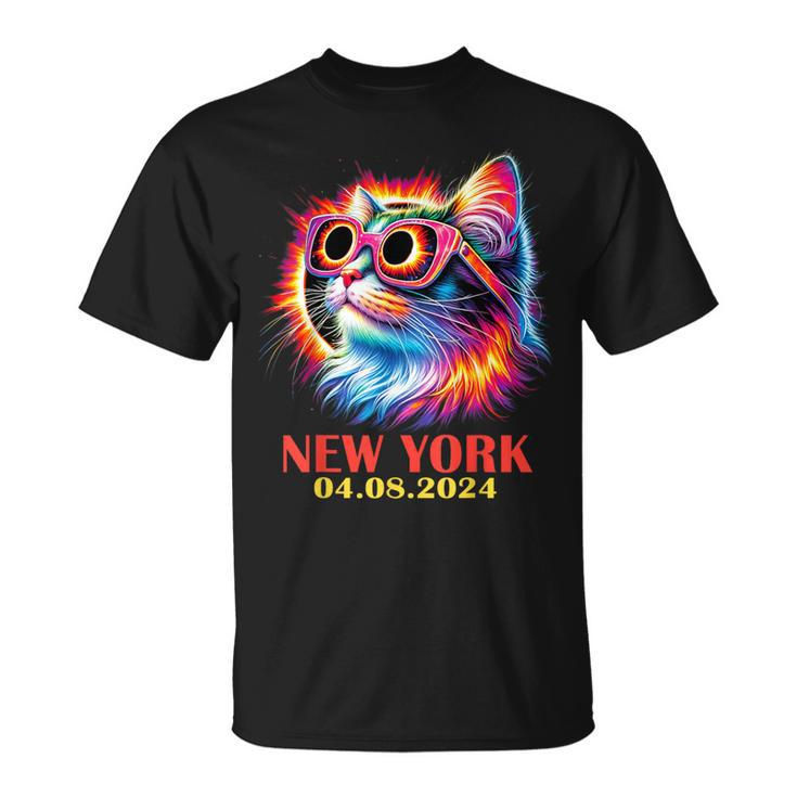 Cat Total Solar Eclipse 2024 New York With Eclipse Glasses T-Shirt