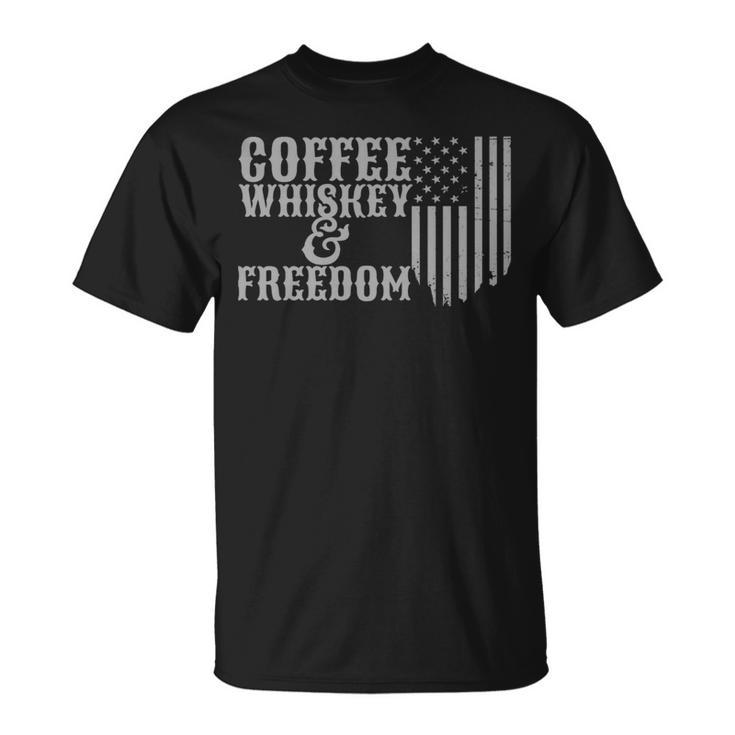 Coffee Whiskey And Freedom Vintage Rustic American Flag T-Shirt