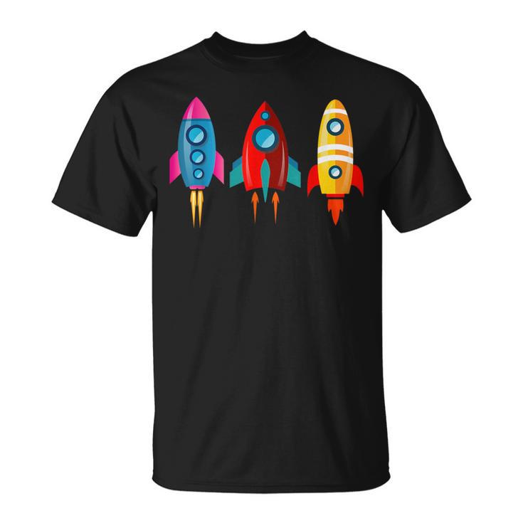 Colorful Rocket Ships Astronaut T-Shirt