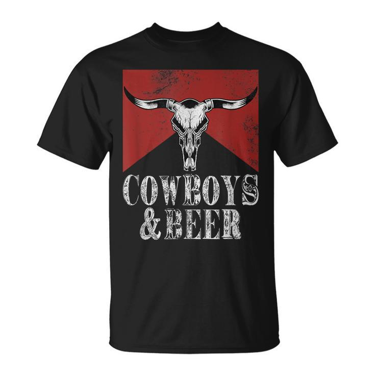 Cowboys & Beer Vintage Rodeo Bull Horn Western Country T-Shirt