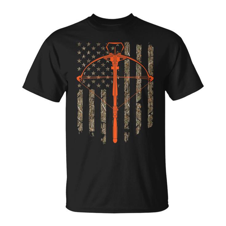 Crossbow Archery Bow Hunting Camo American Flag Distressed T-Shirt