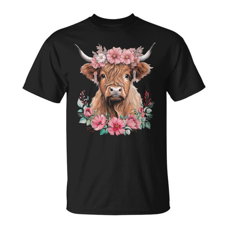 Cute Baby Highland Cow With Flowers Calf Animal Cow Women T-Shirt