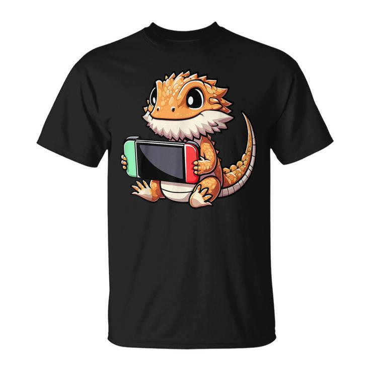 Cute Bearded Dragon Playing Video Games Gamer T-Shirt