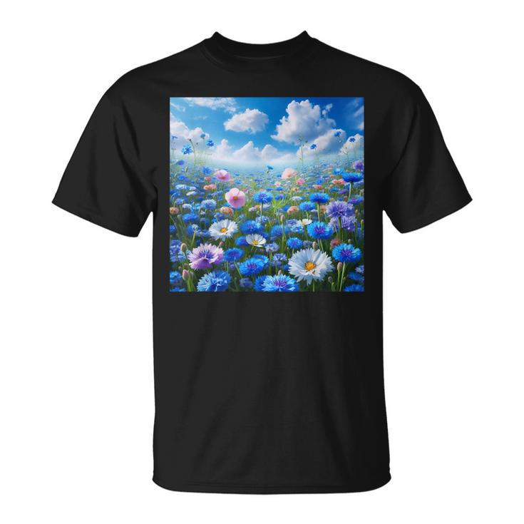 Cute Blue Floral Flowers Blossom Field T-Shirt