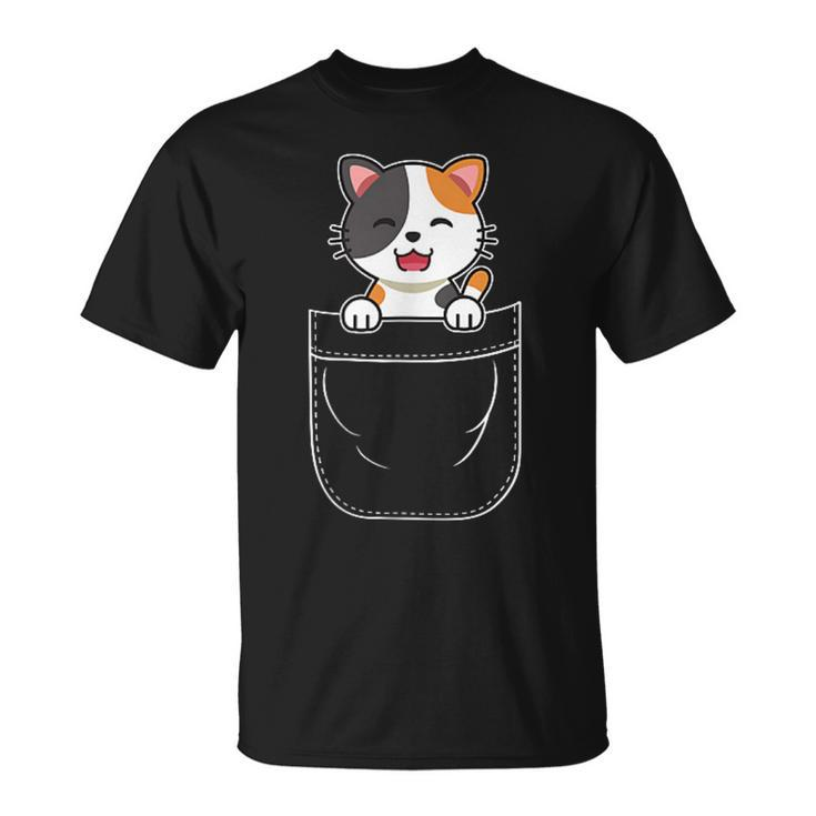 Cute Calico Cat Kitten In Pocket T-Shirt