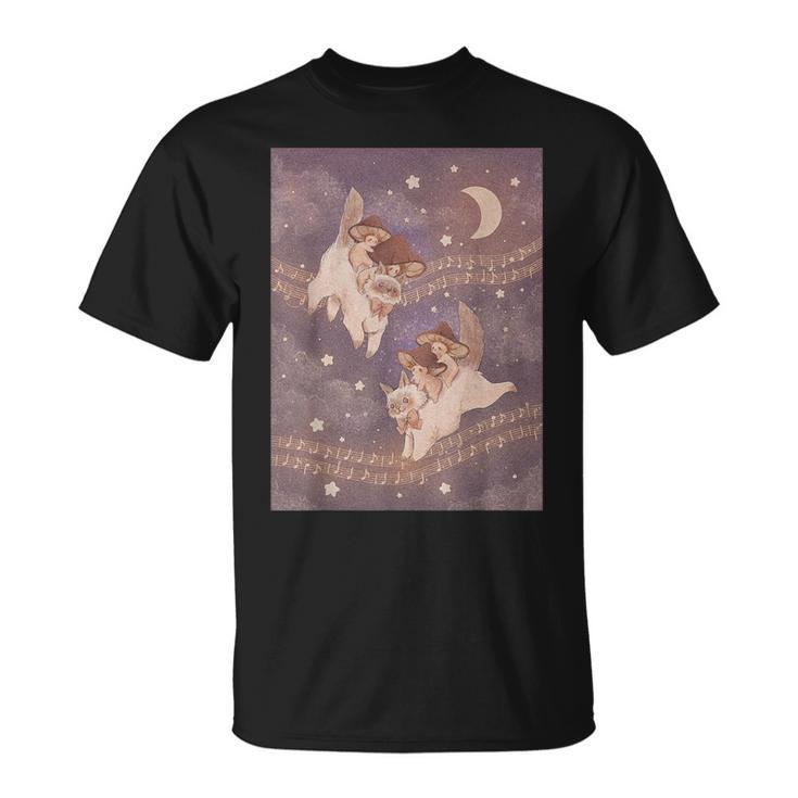 Cute Cat Purple Witchy Mushroom Pink Kawaii Crescent Moon T-Shirt