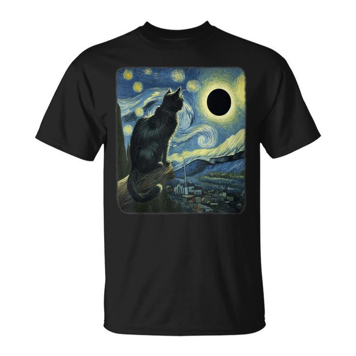Cute Cat Starry Night Van Gogh Solar Eclipse April 08 2024 T-Shirt