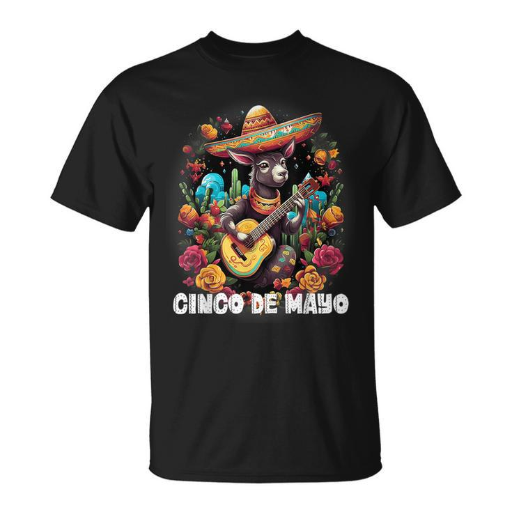 Cute Donkey Cinco De Mayo Mexican Party Guitar Music Apparel T-Shirt