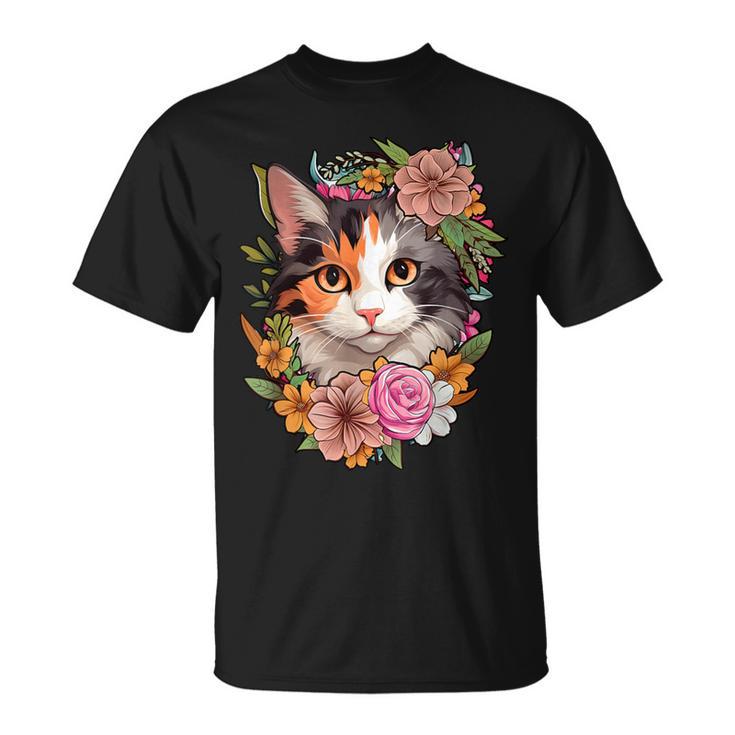 Cute Floral Calico Cat T-Shirt