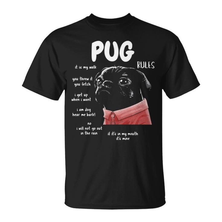 Cute Kawaii Black Pug Dog Rules T-Shirt