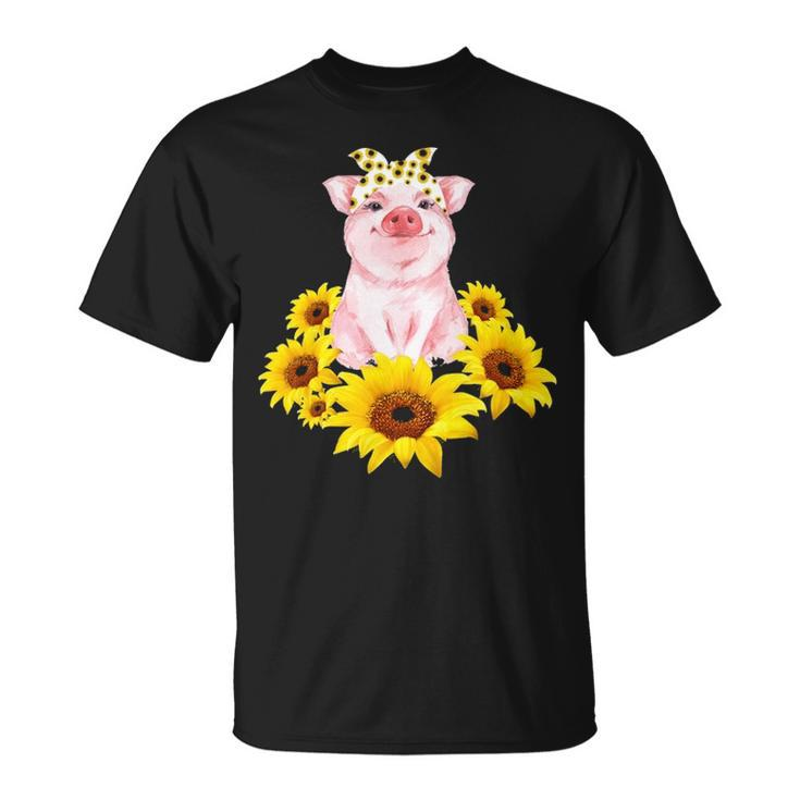 Cute Piggy With Sunflower Tiny Pig With Bandana T-Shirt