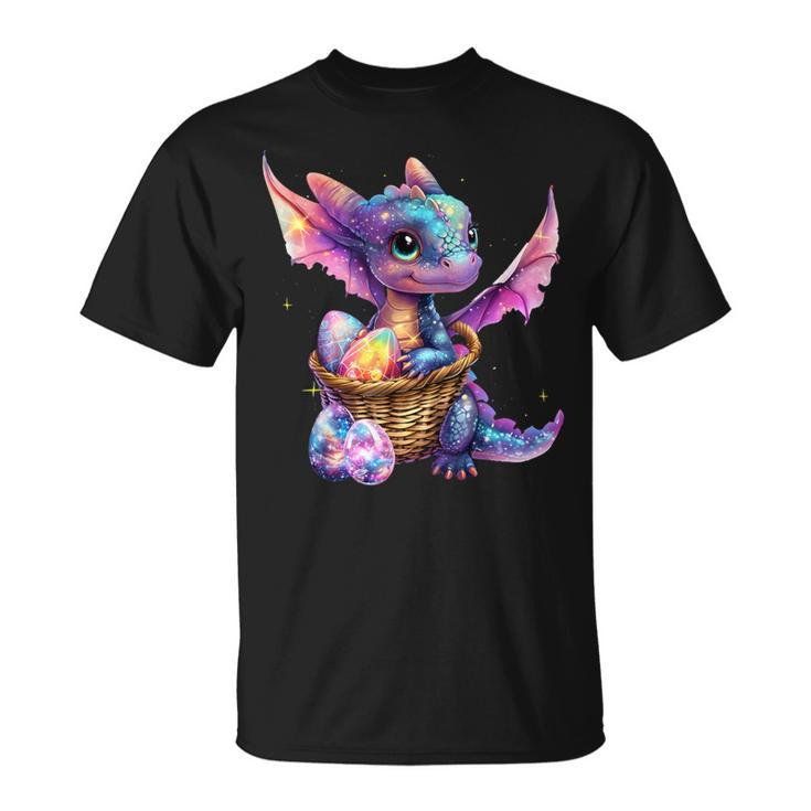 Cute Space Dragon Collecting Easter Eggs Basket Galaxy Theme T-Shirt