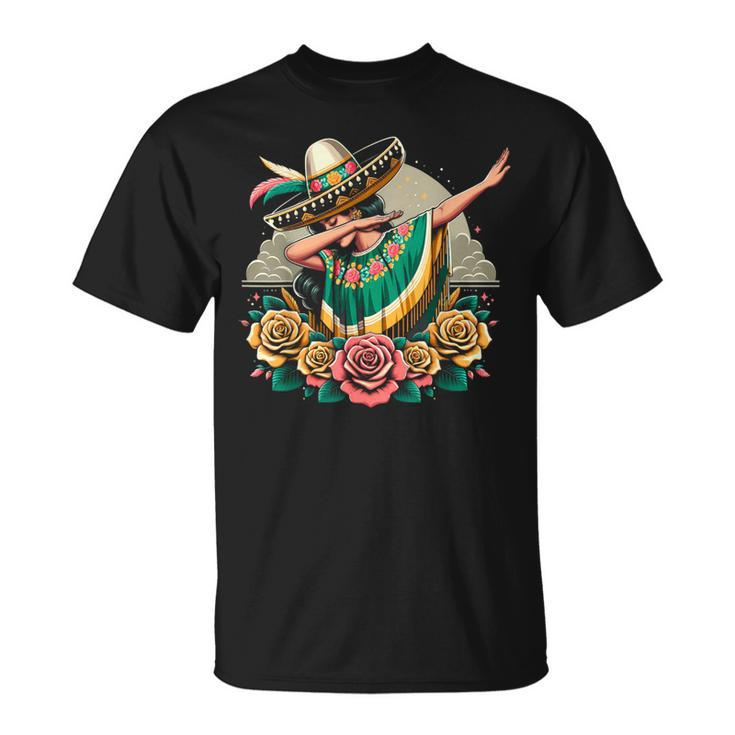 Dabbing Mexican Poncho Cinco De Mayo Girl Sombrero Dab T-Shirt