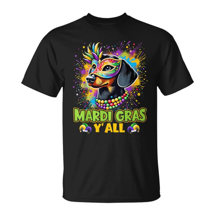 Dachshund Dog Mardi Gras Y'all With Beads Mask Colorful T-Shirt