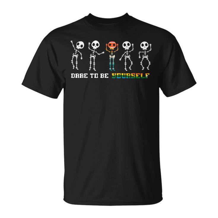 Dare To Be Yourself Be Different Lgbt Pride Skeleton Skull T-Shirt