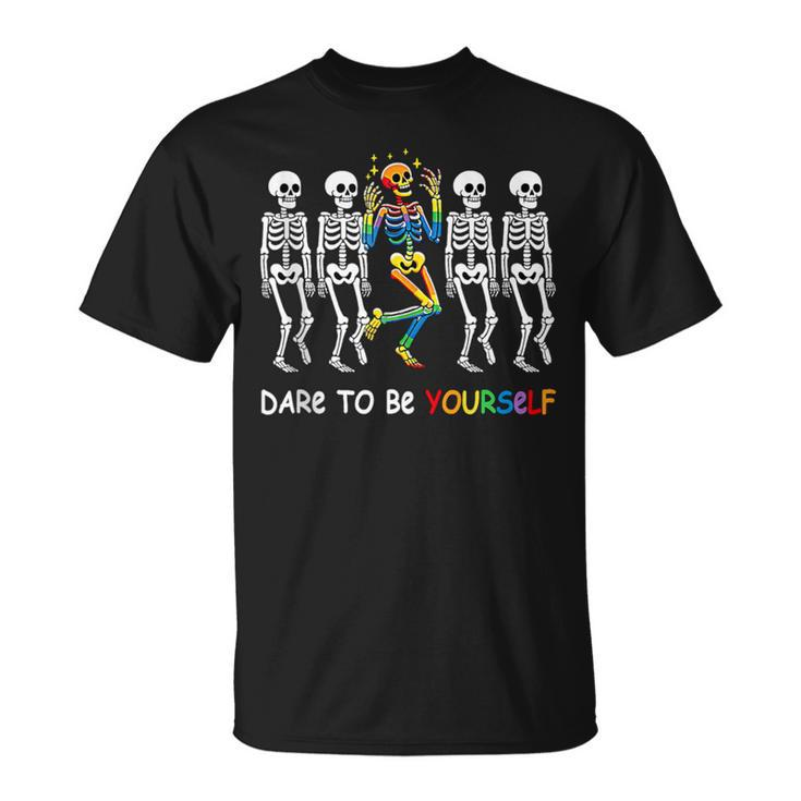 Dare To Be Yourself Rainbow Skeleton Lgbt Pride Month T-Shirt