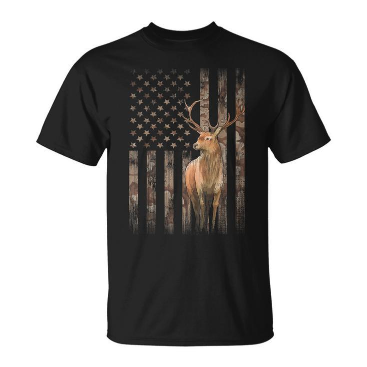 Deer Hunting Whitetails Hunter Dad Camouflage American Flag T-Shirt