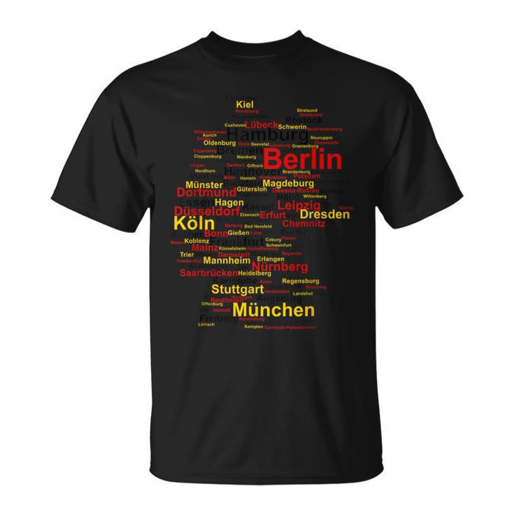 Deutschland Karte Umriss Städte Berlin Hamburg Köln Flagge T-Shirt
