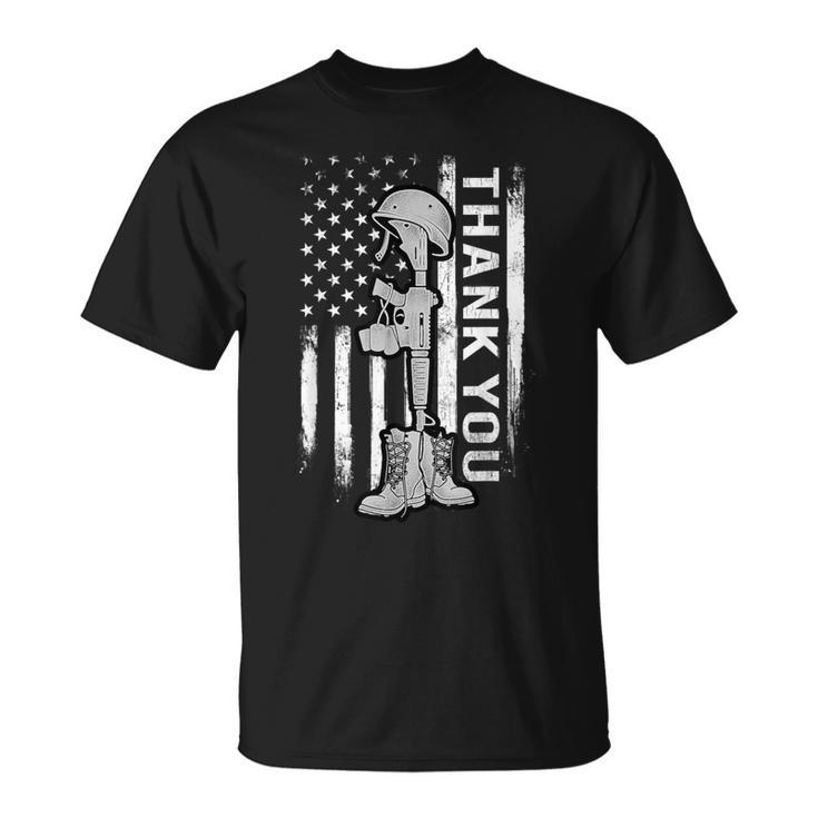 Distressed Memorial Day Flag Military Boots Dog Tags T-Shirt