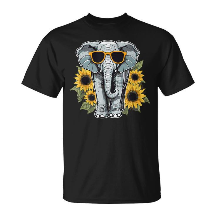Elephant With Sunglasses And Sunflowers T-Shirt