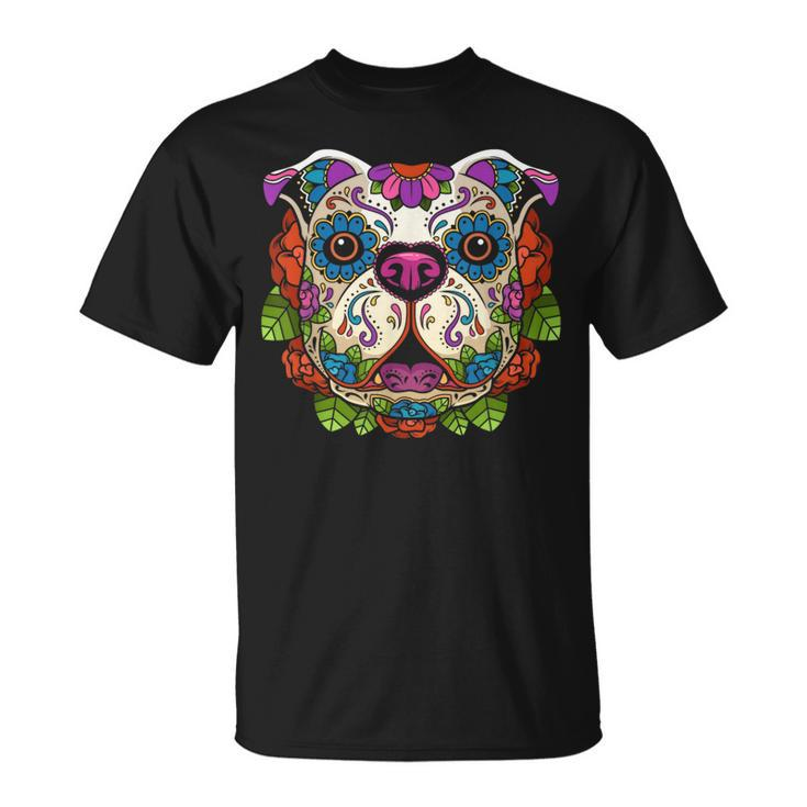 English Bulldog Sugar Skull Dog Calavera Dia De Los Muertos T-Shirt