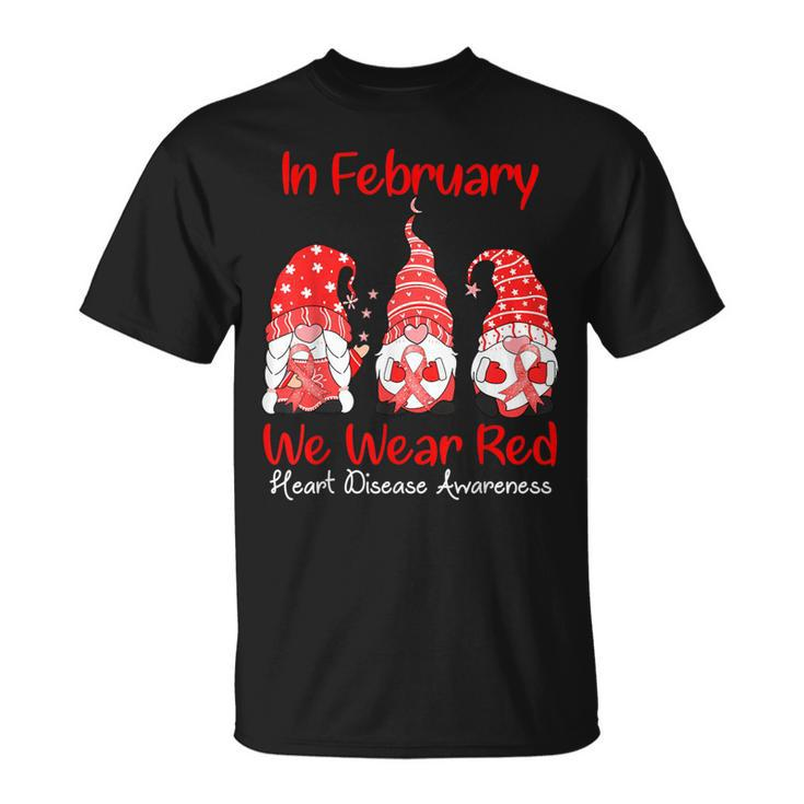 In February We Wear Red Three Gnomes Heart Disease Awareness T-Shirt