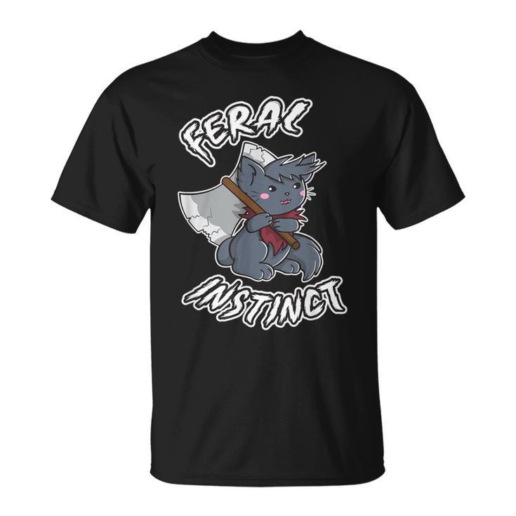 Feral Instinct Barbarian Video Gamer Cat Wields Battle Axe T-Shirt