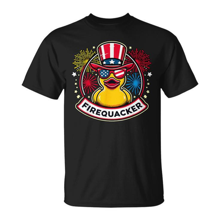 Firequacker 4Th Of July Rubber Duck Usa Flag T-Shirt