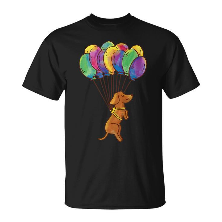 Fliegender Hund und Bunte Ballons Unisex T-Shirt für Damen und Herren