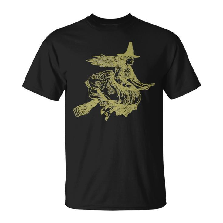 Flying Witch On A Broom Occult Magic Dark Gothic T-Shirt