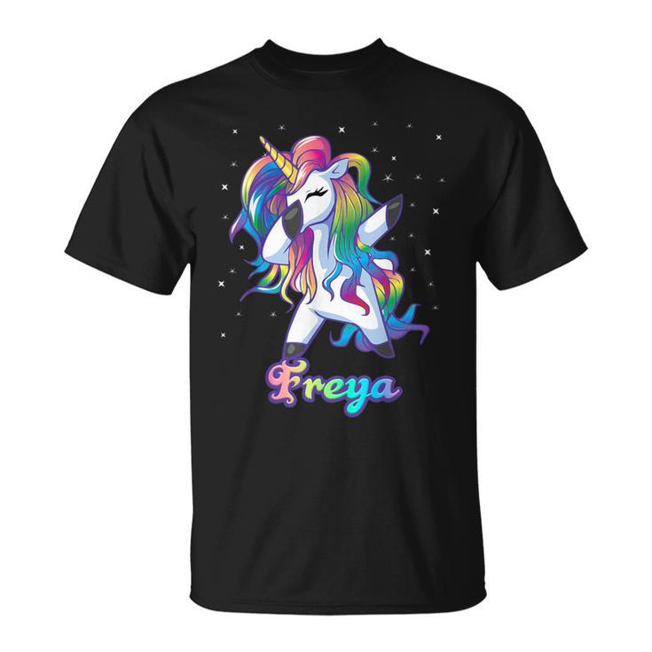 Freya Name Personalized Custom Rainbow Unicorn Dabbing T-Shirt