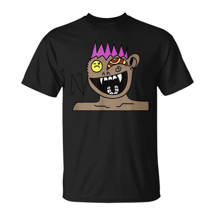 Funky Monster Gesicht T-Shirt Schwarz mit Farbakzenten