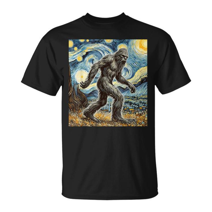 Bigfoot Starry Night Sasquatch Van Gogh Sky Painting T-Shirt