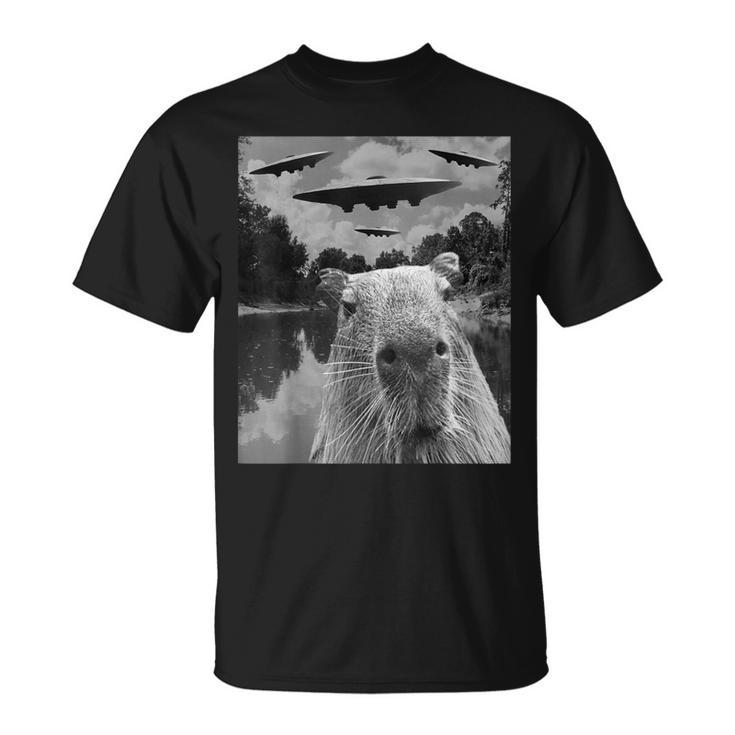 Graphic Capybara Selfie With Ufos Weird T-Shirt