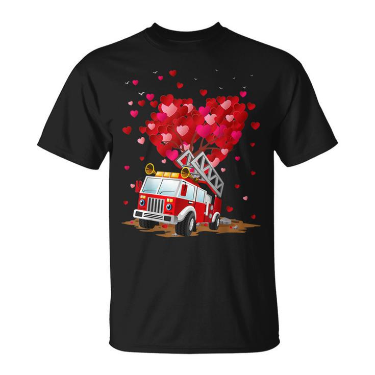 Fire Truck Lover Heart Shape Fire Truck Valentines Day T-Shirt