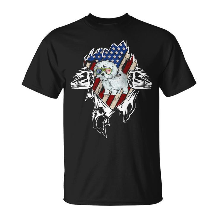 Maltese Dog Vintage Usa American Flag T-Shirt