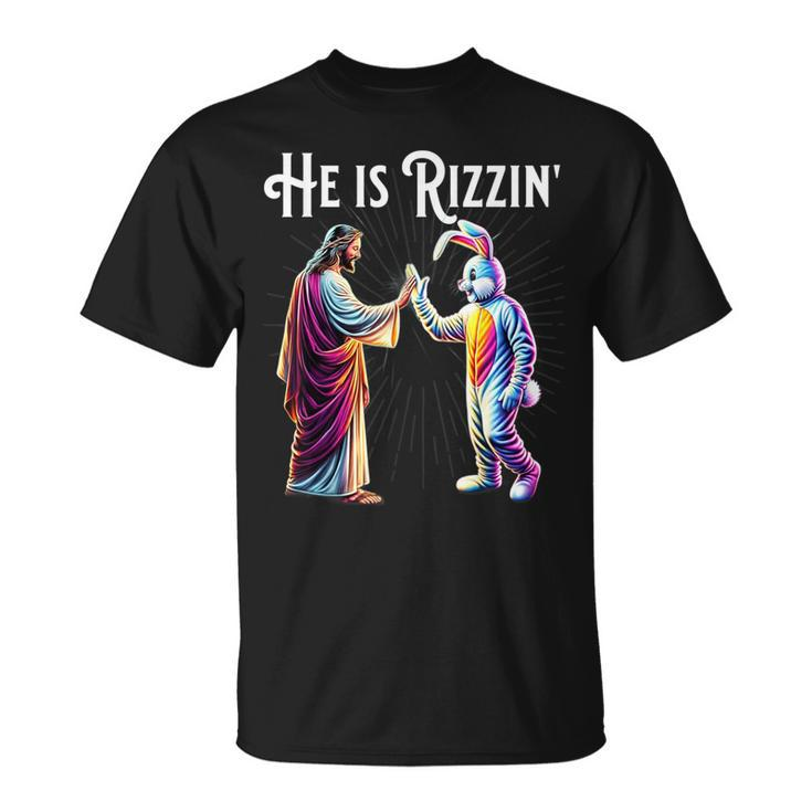 Rizz He Is Rizzin Jesus High Five Easter Bunny T-Shirt