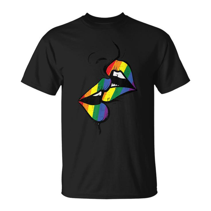 Gay Rainbow Lips Kissing Lgbt Flag Pride Month Women T-Shirt