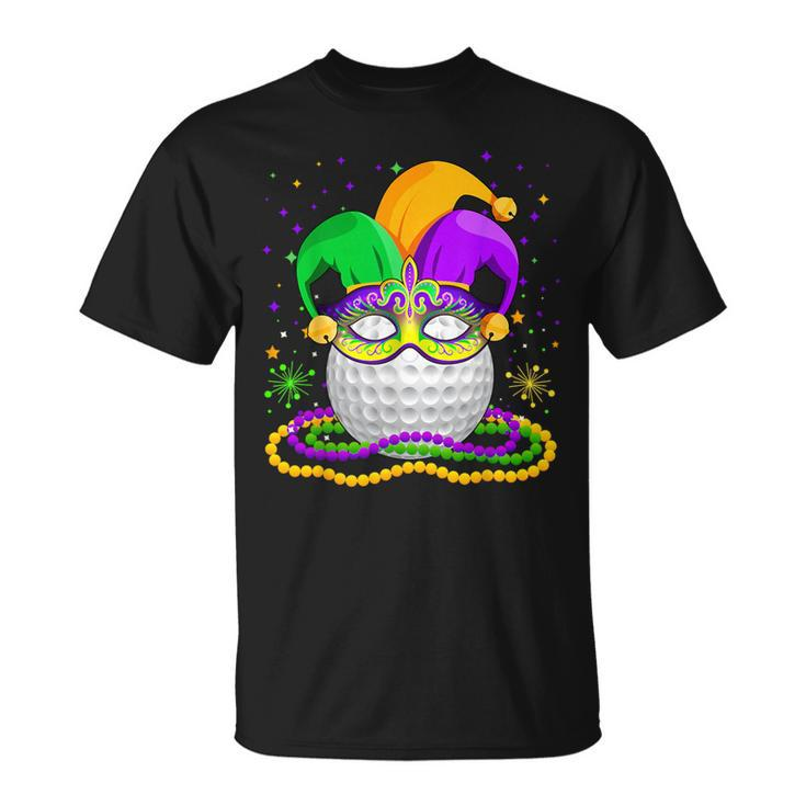 Golf Wearing Jester Hat Masked Beads Mardi Gras Player T-Shirt