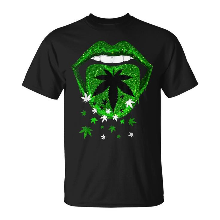 Green Sexy Lips Biting Cool Cannabis Marijuana Weed Pot Leaf T-Shirt
