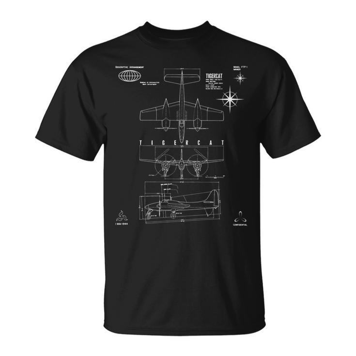 Grumman F7f-1 Tigercat Heavy Fighter 3View Technical Drawing T-Shirt