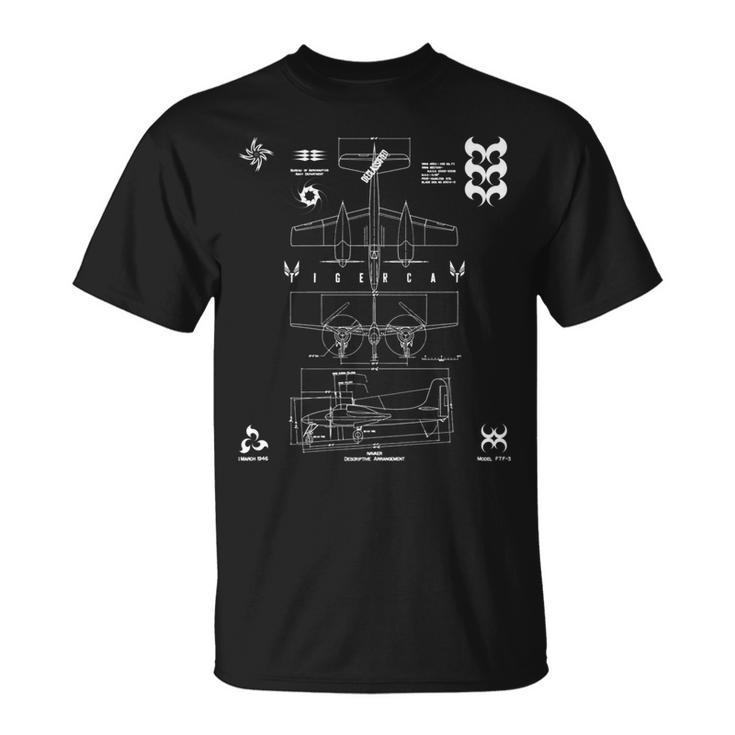 Grumman F7f-3 Tigercat Heavy Fighter 3View Technical Drawing T-Shirt