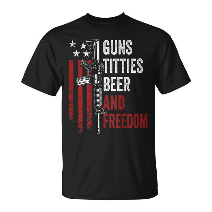 Guns Titties Beer & Freedom Guns Drinking On Back T-Shirt
