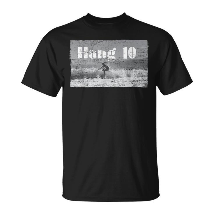 Hang 10 Surfer Riding Wave Retro Distressed T-Shirt