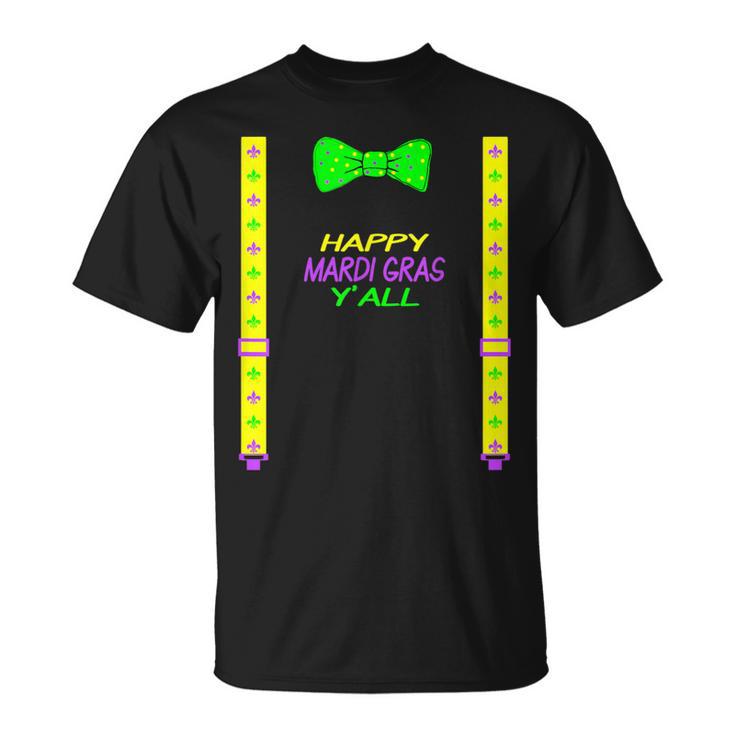 Happy Mardi Gras Yall Bow Tie & Suspender Dye T-Shirt