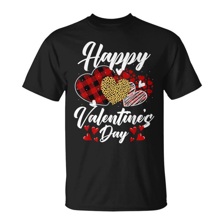 Happy Valentine's Day Hearts With Leopard Plaid Valentine T-Shirt