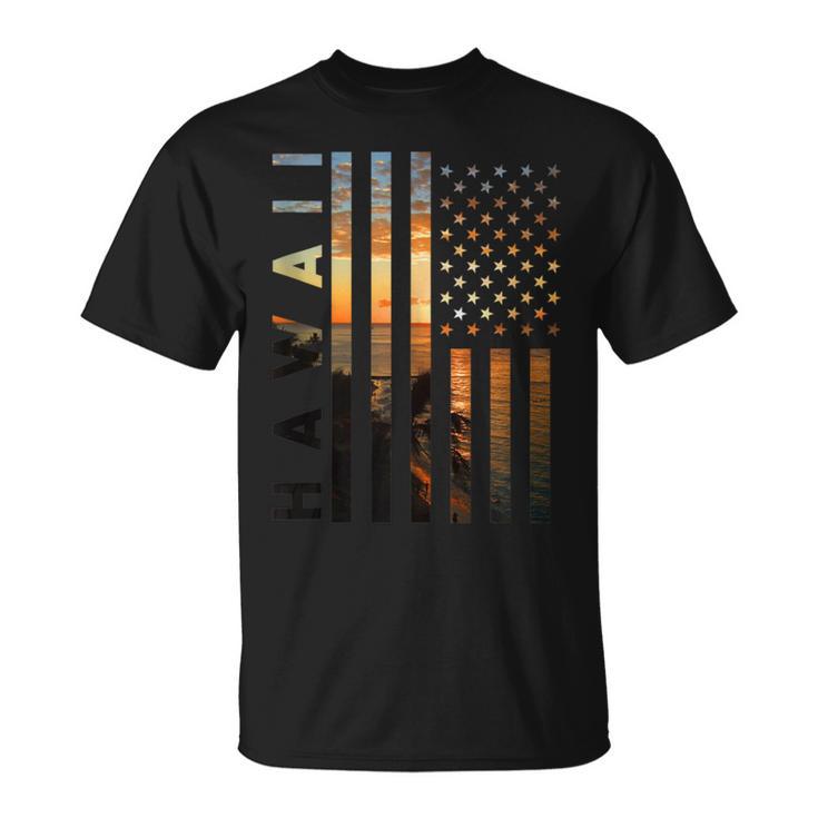 Hawaii Sunset American Flag Honolulu Hawaiian Island T-Shirt