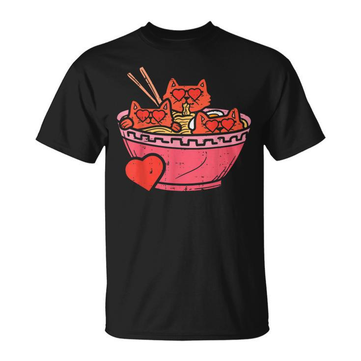Heart Cats Ramen Noodles Anime Cute Valentines Day Kitten T-Shirt