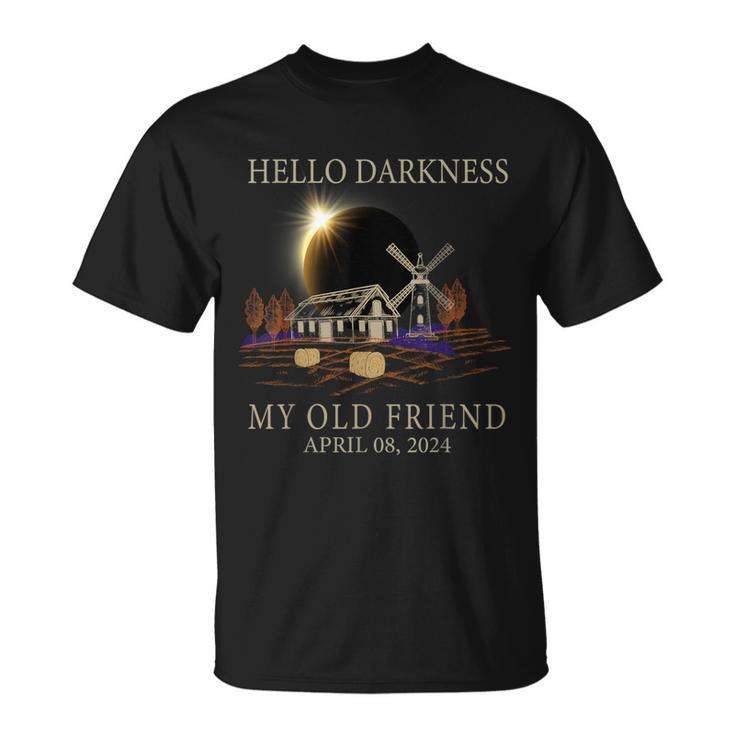 Hello Darkness My Old Friend Solar Eclipse 4 -8-2024 Farmer T-Shirt