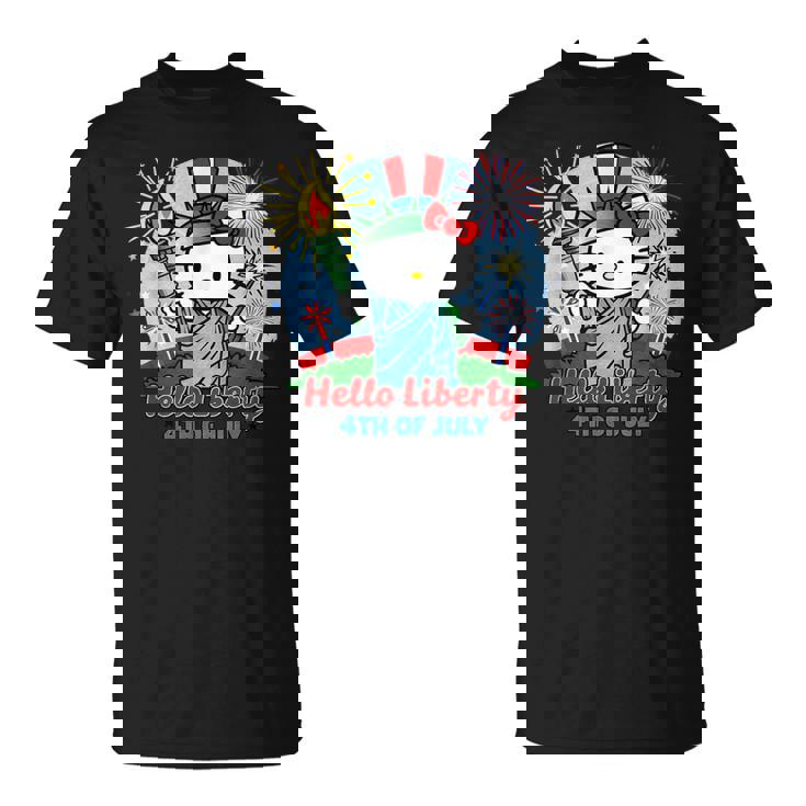 Hello Liberty With Kitty 4Th Of July Usa Flag And Firework T-Shirt